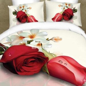 Araliya Flower and Rose Print 4-Piece Polyester Duvet Cover Sets