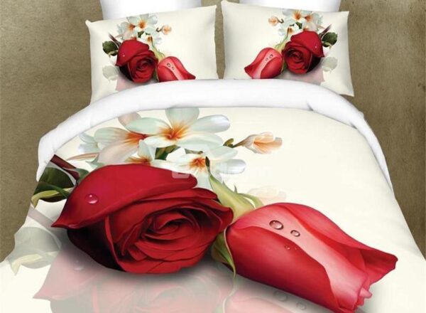 Araliya Flower and Rose Print 4-Piece Polyester Duvet Cover Sets