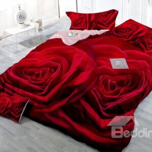 High-Definition Digital Print 4-Piece Red Rose Satin Cotton Duvet Cover Sets
