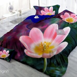 Adorable Pink Flower Digital Print 4-Piece Cotton Silky Duvet Cover Sets