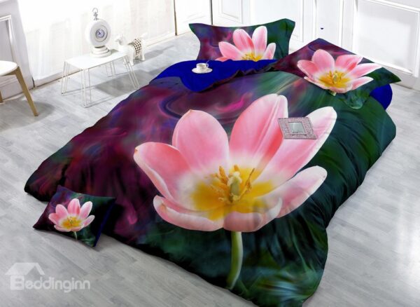 Adorable Pink Flower Digital Print 4-Piece Cotton Silky Duvet Cover Sets