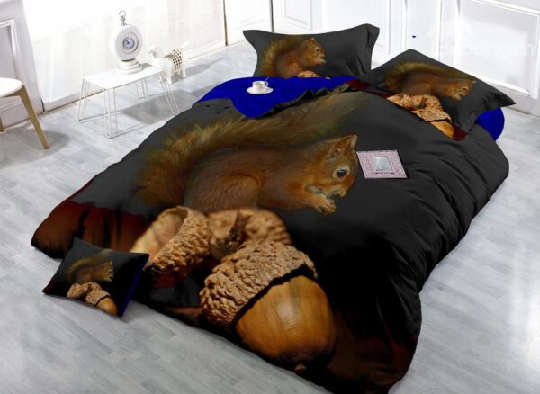 Squirrel and Acorn Digital Print 4-Piece Cotton Silky Duvet Cover Sets