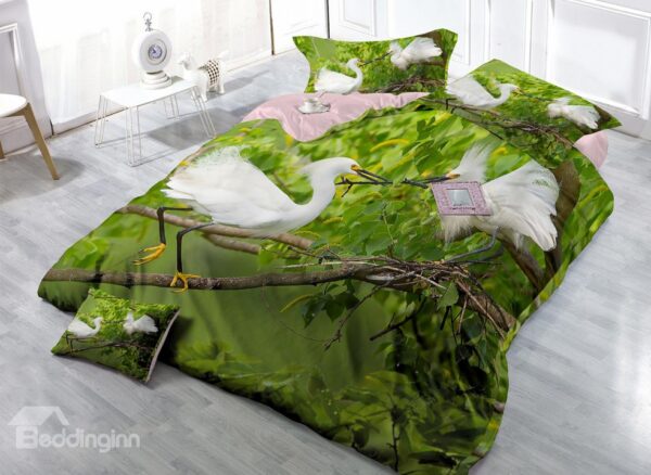 Silky Crane on the Tree Print 4-Piece Cotton Duvet Cover Sets