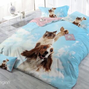 Cute Cat and Dog Digital Print 4-Piece Cotton Duvet Cover Sets