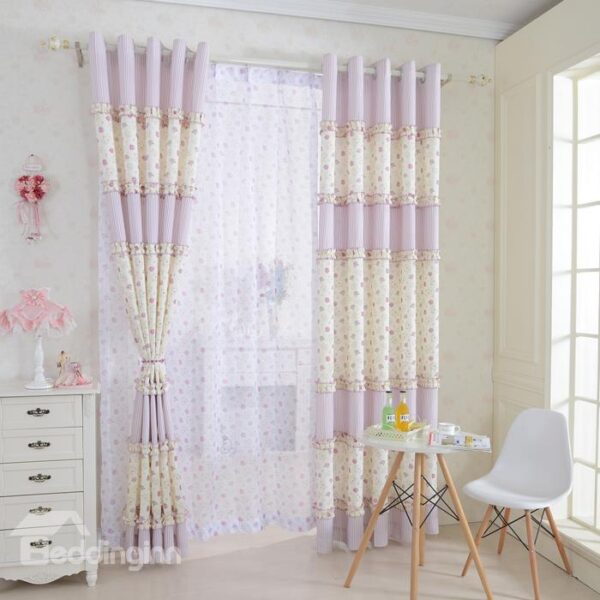 Pretty Pink Floral Print Polyester Cotton Grommet Top Curtain