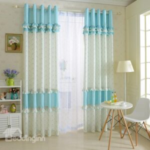 Elegant Blue Floral Print Polyester Cotton Grommet Top Curtain