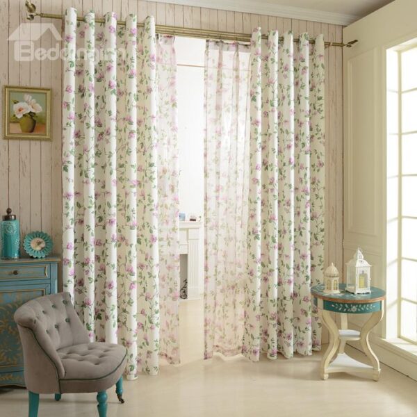 Lovely Flower Printing Polyester Cotton Grommet Top Curtain