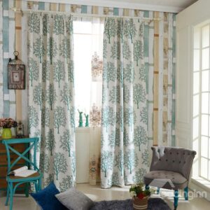 Fresh Green Tree Pattern Polyester Cotton Grommet Top Curtain