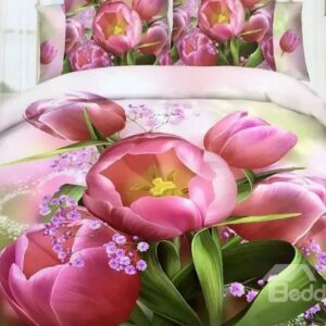 Tulip and Purple Flower Print 4-Piece Cotton Duvet Cover Sets