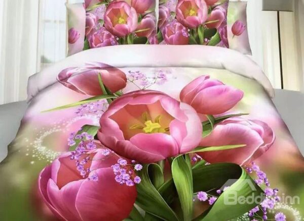 Tulip and Purple Flower Print 4-Piece Cotton Duvet Cover Sets