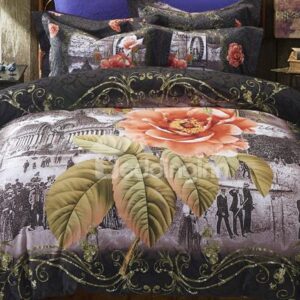 Paris Buliding and Flower Print 4-Piece Cotton Duvet Cover Sets