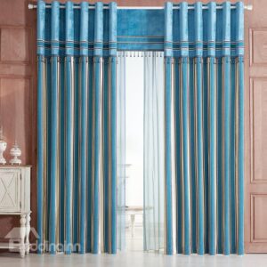 Modern Classic Vertical Stripe Red Blue Chenille Grommet Top Curtain