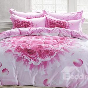 Heart Shaped Pink Rose Print 4-Piece Cotton Duvet Cover Sets