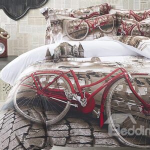 Bicycle on the Bridge Print 4-Piece Cotton Duvet Cover Sets