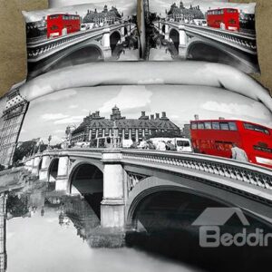 Gray Color Bridge Scenery Red Bus Print Fitted Sheet