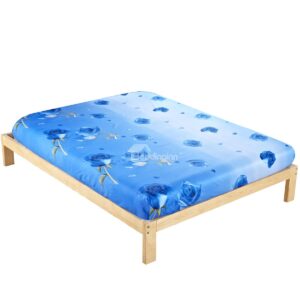 Luxury Blue Roses Print Cotton Fitted Sheet