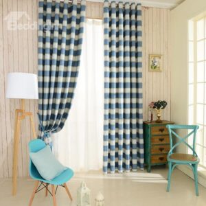 High Quality Classic Concise Check Pattern Linen Grommet Top Curtain