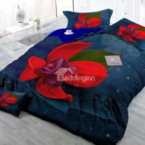 Amazing Red Flower Digital Print 4-Piece Cotton Duvet Cover Set