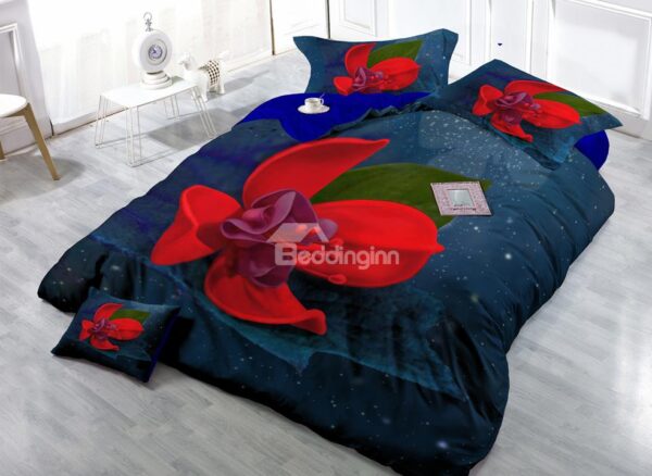 Amazing Red Flower Digital Print 4-Piece Cotton Duvet Cover Set