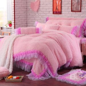 Rose and Lace Edging Pink 4-Piece Coral Fleece Kids Duvet Cover Sets