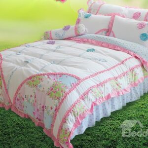 Handmade Pink Flower and Butterfly Print 4-Piece Cotton Kids Duvet Cover Sets