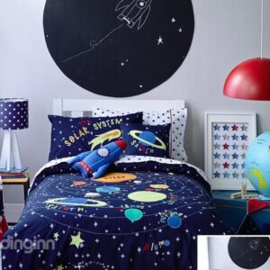 Solar System Applique Embroidery 4-Piece Cotton Kids Duvet Cover Sets
