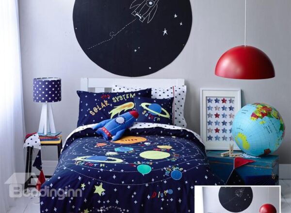 Solar System Applique Embroidery 4-Piece Cotton Kids Duvet Cover Sets