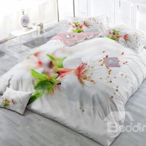 White Flower Digital Print 4-Piece Cotton Duvet Cover Set