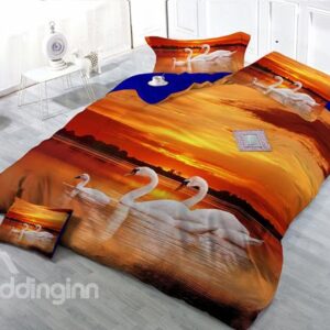 White Swan Digital Print 4-Piece Cotton Duvet Cover Set