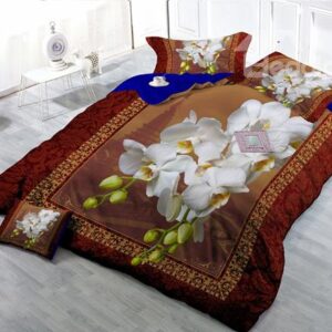 Top Grade White Flowers Digital Print 4-Piece Cotton Duvet Cover Set