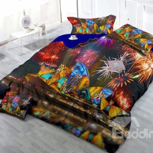 Colorful Fireworks Digital Print 4-Piece Cotton Duvet Cover Set