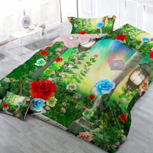 Flowers And Grass Digital Print 4-Piece Cotton Duvet Cover Set