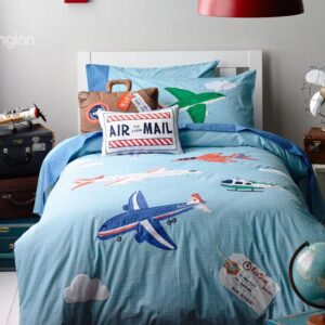 Blue Plane on the Sky Print 4-Piece Cotton Kids Duvet Cover Sets