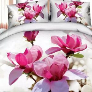 Brilliant Pink Magnolia Print 4-Piece Cotton Duvet Cover Sets