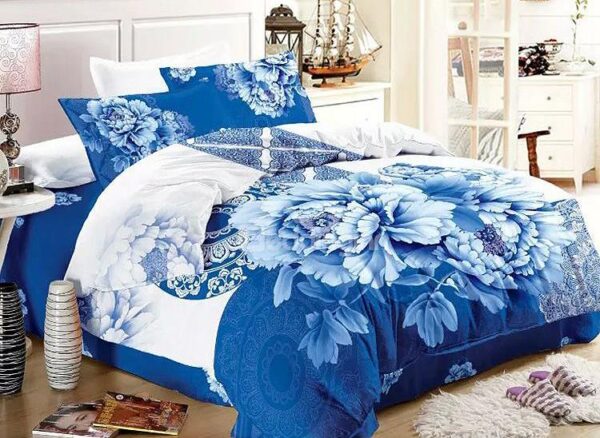 Blue and White Porcelain Print 4-Piece Cotton Duvet Cover Sets