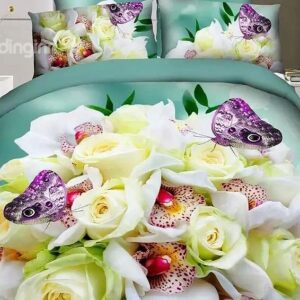 Purple Butterfly and Fresh Flower Print 4-Piece Duvet Cover Sets