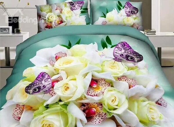 Purple Butterfly and Fresh Flower Print 4-Piece Duvet Cover Sets