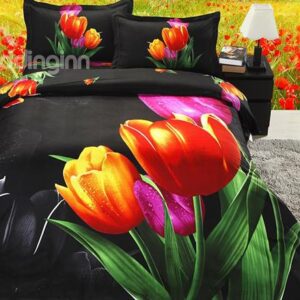 Bright Tulips Print 4-Piece Polyester Duvet Cover Sets