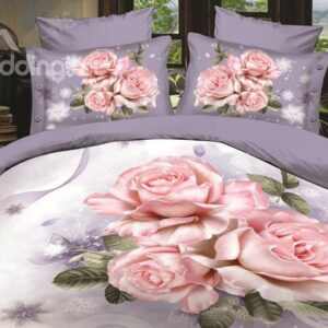 Noble Rose and Snow Flower Print 4-Piece Polyester Duvet Cover Sets