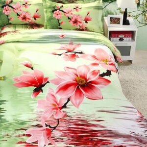 Pink Flower Print 4-Piece Polyester Duvet Cover Sets
