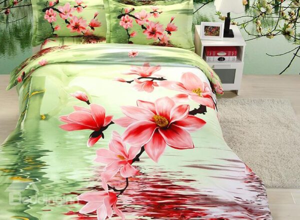 Pink Flower Print 4-Piece Polyester Duvet Cover Sets