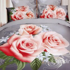 Wonderful Pink Rose Print 4-Piece Polyester Duvet Cover Sets