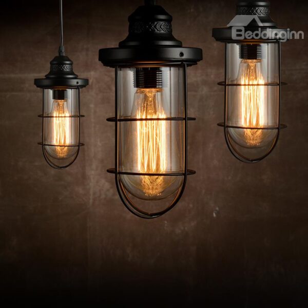 Retro American Style Bar Dock Glass Shade with Iron Frames Pendant 3-Head Lights