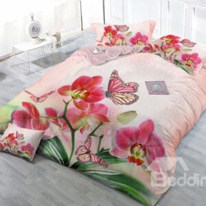Pink Flower And Butterfly 4-Piece High Density Satin Drill Duvet Cover Sets