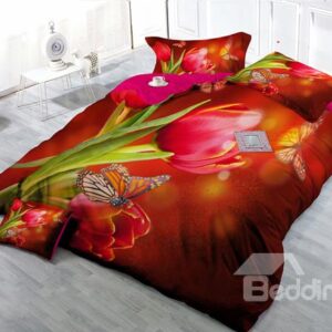 Red Flower 4-Piece High Density Satin Drill Duvet Cover Sets