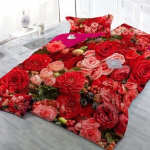 Red Pink Flower 4-Piece High Density Satin Drill Duvet Cover Sets