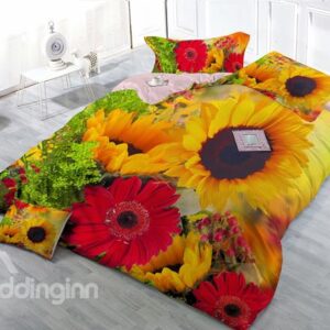 Yellow And Red Flower 4-Piece High Density Satin Drill Duvet Cover Sets