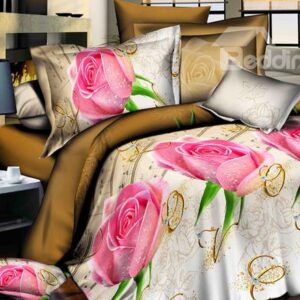 Amazing Pink Rose and Ring Print 4-Piece Duvet Cover Sets