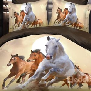 Magnificent Running Horses Print 4-Piece Polyester Duvet Cover Sets