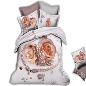 Cream Rose and Diamond Print 4-Piece Polyester Duvet Cover Sets